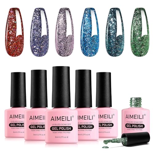 AIMEILI HEMA Free UV Lack Glitzer Nagellack Set 8ml 6 Farben Glitter UV Nagellack Set Luminous Sparkle Farbgel Gellack Soak Off Gel Nail Polish Gift Kit 57 von AIMEILI