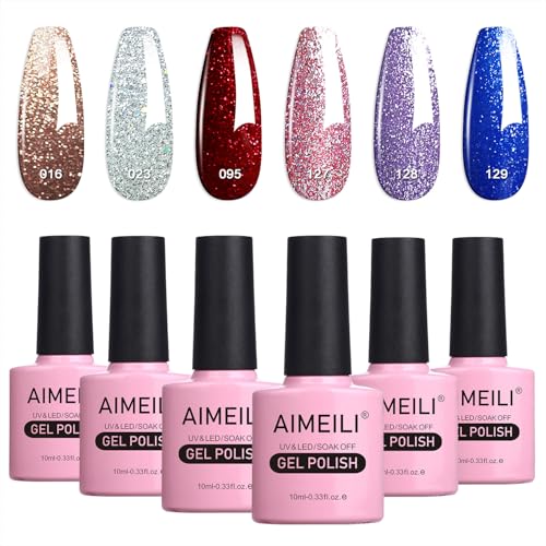 AIMEILI UV LED Gellack mehrfarbig ablösbarer Gel Nagellack Glitzer Set Gel Nail Polish Kit - 6 x 10ml - Set Nummer 29 von AIMEILI