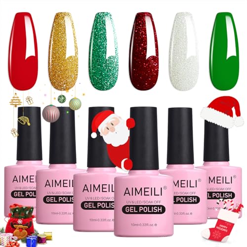 AIMEILI UV Lack Glitzer Gel Nägel 6 Farben 10ml Color Gel Soak Off UV&LED Farbgel für Nägel Gelnägel Christmas Nails Nailart Manicure - 6-26 von AIMEILI