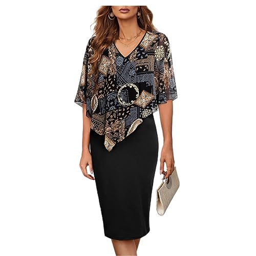 AIMEJZM Damen Cocktailkleid Chiffon Cape V-Ausschnitt Knielang Abendkleid mit Overlay Bodycon Kleid von AIMEJZM