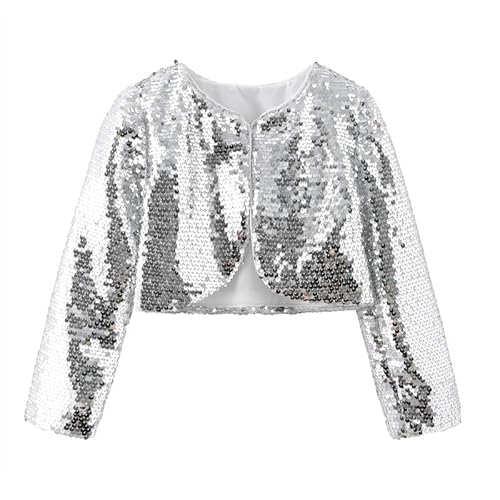 AIMEJZM Mädchen Glänzende Strickjacke Jacke Cover Up Lange Ärmel Schal Mädchen Bolero Shrug für Hochzeit Geburtstag Party Prinzessin Dress up Silber von AIMEJZM