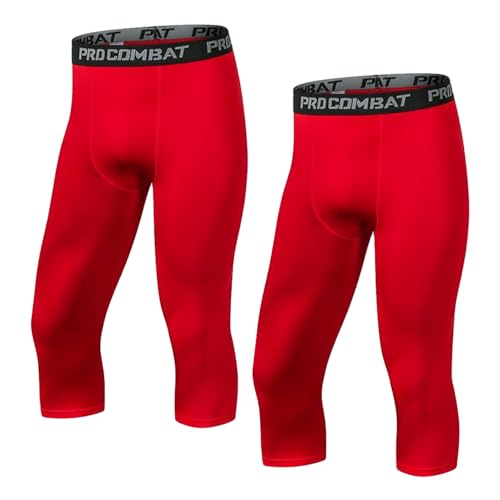 2er-Pack Kompressionshose Herren 3/4 Sport Leggings Schnelltrocknende Lauftights Atmungsaktiv Kompression Hose für Fitness Gym Joggen Training Basketball (XL,Red) von AIMENJOY