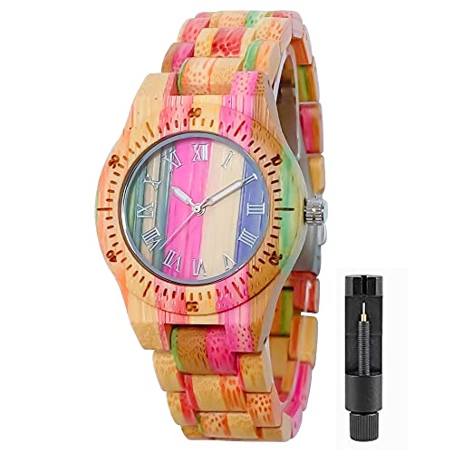 Damen-Armbanduhr aus Holz mit Lederband, Quarzuhr, Analog, Rot, Bambus, Holz, einzigartig, leicht, handgefertigt, S105R von AIMES