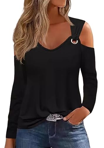 AIMITAG Kalte Schulter Bluse Damen Aushöhlen Öse V-Ausschnitt Langarm Shirts Einfarbig Cut Out Tunika Tops, Schwarz, X-Groß von AIMITAG