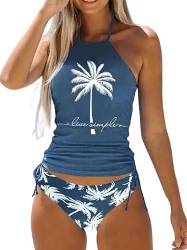 Live Simple Coconut Tree Neckholder-Tankini-Set für Damen, Kordelzug, seitlicher Badeanzug, Sommer, Strand, zweiteiliges Bikini-Set, Blau, XX-Large von AIMITAG