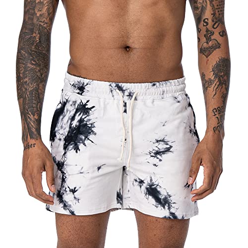 AIMPACT Herren Batik-Shorts Bodybuilding Workout Baumwolle Gym Shorts mit Taschen, Schwarzweiß, XL von AIMPACT