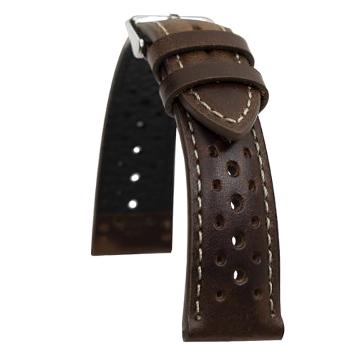 AIMVALUE Uhrenarmband Rally Racing aus braunem Leder mit weißen Nähten 18 mm 19 mm 20 mm 21 mm 22 mm perforiert Vintage Herren gepolstert, 22 mm, Leder, Kein Edelstein von AIMVALUE