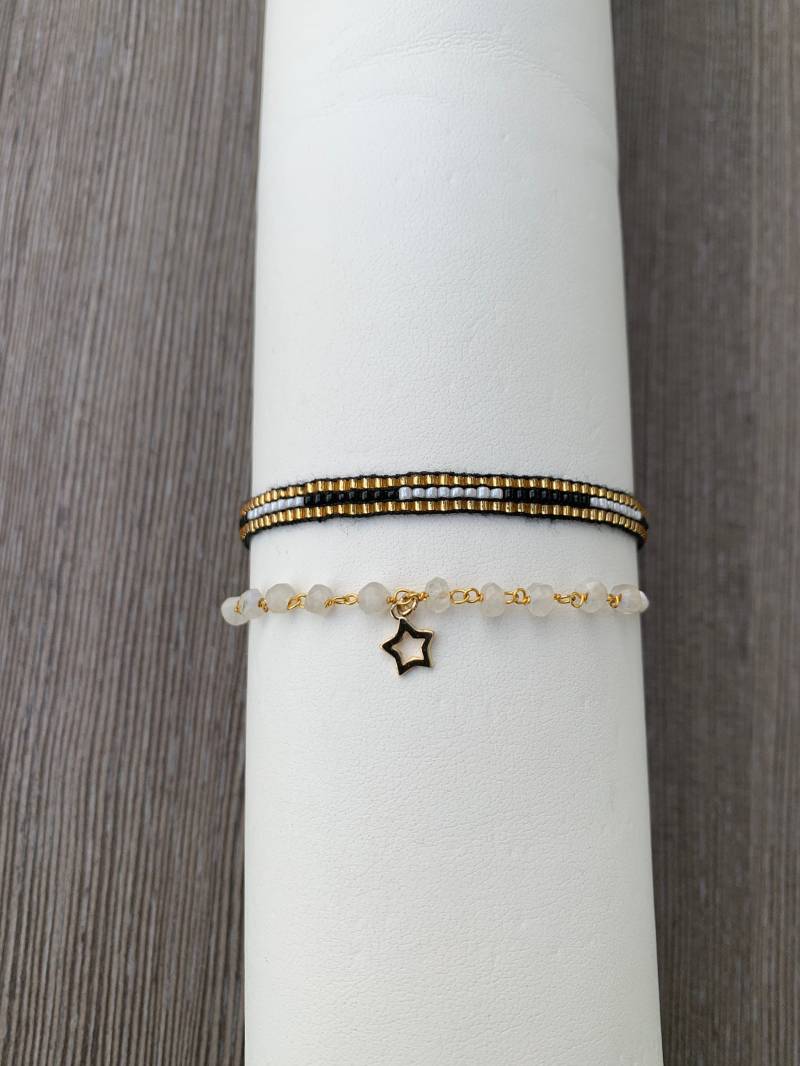 Rosenkranz-Kettenarmband Mit Steinen Und Verstellbarem Makramee-Fadenverschluss, Vergoldeter Silber-Anhänger-Stern-Anhänger Rosenkranz-Kettenarmband Mit Steinen Und Verstellbarem Makramee-Fadenverschluss, Vergoldeter Silber-Anhänger-Stern-Anhänger von AINASTONES