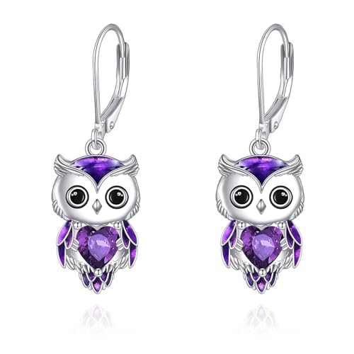 Eule Ohrringe für Damen 925 Sterling Silber Eule Schmuck Geburtsstein Eule Ohrhänger Geschenke (02-Februar) von AINFQY
