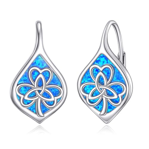 Kleeblatt Ohrringe für Damen 925 Sterling Silber Glücksklee Leverback Blauer Opal Irischer Keltischer Knoten Kleeblatt Schmuck Geschenk von AINFQY