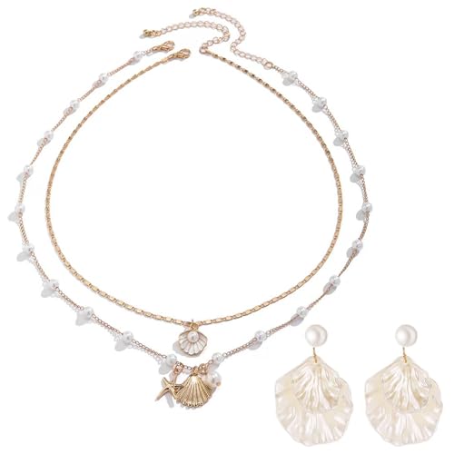AINIUNIU Muschelkette Damen Muschel Ohrringe Sommer Schmuck Damen, Gold Layer Charm Kette Weiße Muschelohrringe, Böhmisches Set aus Halskette und Ohrringen Meerjungfrau Accessoires von AINIUNIU