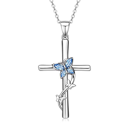 AINUOSHI 925 Sterling Silber Kette Damen Marquise Cut Blau Cubic Zirkonia Schmetterling Kreuz Halskette für Sie Frauen Mama Oma Freundin Geburtstag Muttertagsgeschenk Valentinstag von AINUOSHI