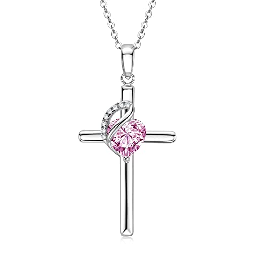 AINUOSHI Kreuz Kette Damen Silber 925 Geburtsstein Halskette Mit Herz Anhänger Zirkonia Kreuzkette Silberkette Schmuck Geschenke Für Frauen von AINUOSHI