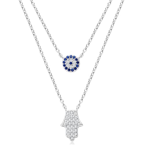 AINUOSHI Nazar Kette Damen Silber 925 Mit Anhänger Fatimas Hand Türkisches Auge Halskette Evil Eye Layering Ketten Doppelte Schmuck Geschenke Für Frauen Glücksbringer von AINUOSHI