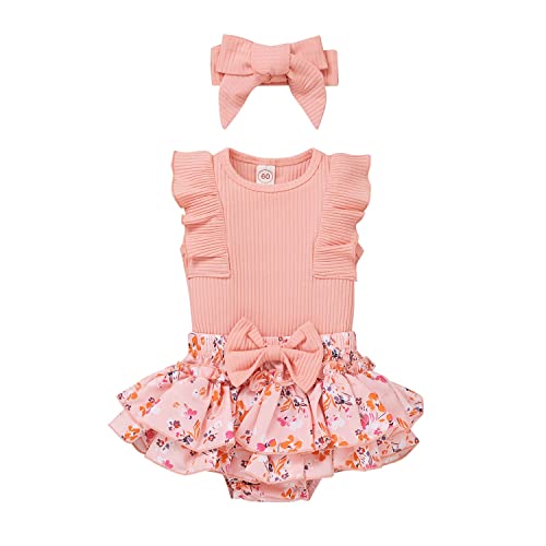 AIOIDI Baby Mädchen Kurzarm Romper Floral Hose Stirnband 3 Stück Kleinkind Brief gedruckt Tops Outfits Set Rosa 12-18 months von AIOIDI