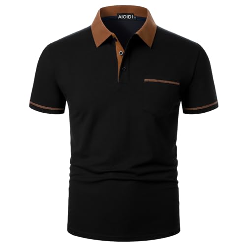 AIOIDI Baumwolle Herren Kurzarm Poloshirt Basic T-Shirt Tennis Golf Polo Schwarz-2 M von AIOIDI