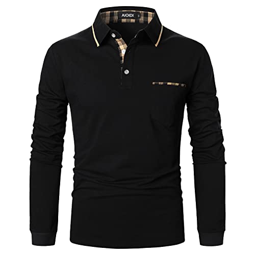 AIOIDI Baumwolle Herren Plaid Poloshirt Langarm Basic Tennis Polohemd Polo A-Schwarz XL von AIOIDI