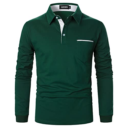 AIOIDI Baumwolle Herren Plaid Poloshirt Langarm Basic Tennis Polohemd Polo B-Grün L von AIOIDI