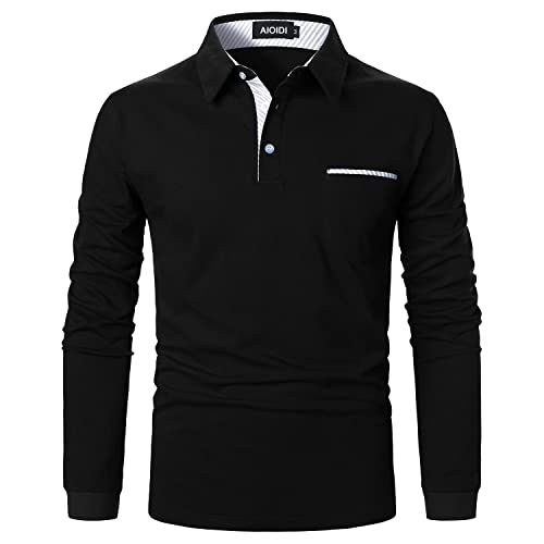 AIOIDI Baumwolle Herren Plaid Poloshirt Langarm Basic Tennis Polohemd Polo B-Schwarz L von AIOIDI