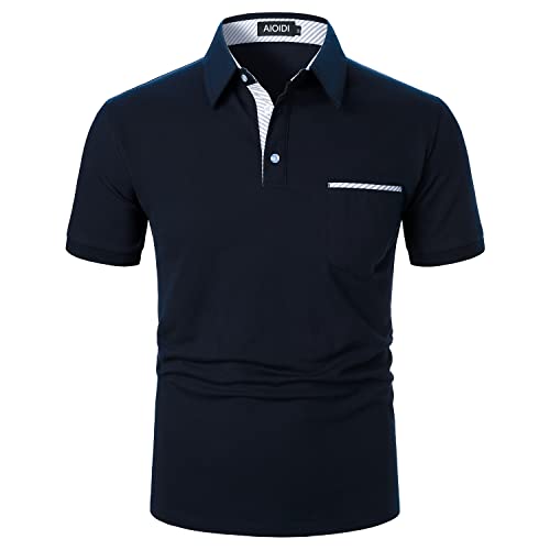 AIOIDI Baumwolle Herren Streifen Kurzarm Poloshirt Basic T-Shirt Tennis Golf Polo Blau L von AIOIDI