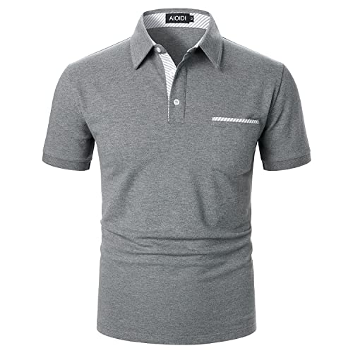 AIOIDI Baumwolle Herren Streifen Kurzarm Poloshirt Basic T-Shirt Tennis Golf Polo Grau M von AIOIDI