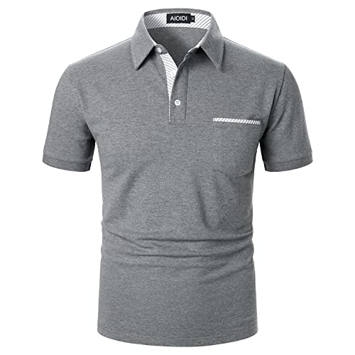 AIOIDI Baumwolle Herren Streifen Kurzarm Poloshirt Basic T-Shirt Tennis Golf Polo Grau XXL von AIOIDI