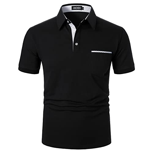 AIOIDI Baumwolle Herren Streifen Kurzarm Poloshirt Basic T-Shirt Tennis Golf Polo Schwarz L von AIOIDI