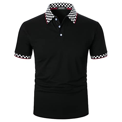AIOIDI Baumwolle Herren Streifen Kurzarm Poloshirt Basic T-Shirt Tennis Golf Polo Z-Schwarz M von AIOIDI