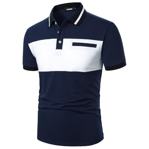AIOIDI Herren Baumwolle Gestreiftes Kurzarm Poloshirt Mode Casual T-Shirt Top Blau-Weiß XL von AIOIDI