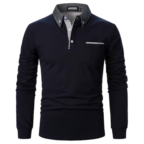AIOIDI Herren Baumwolle Hemdkragen Plaid Poloshirt Langarm Basic Tennis Polohemd Polo Blau M von AIOIDI