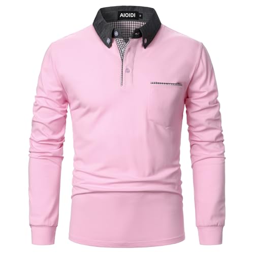 AIOIDI Herren Baumwolle Hemdkragen Plaid Poloshirt Langarm Basic Tennis Polohemd Polo Rosa XXL von AIOIDI