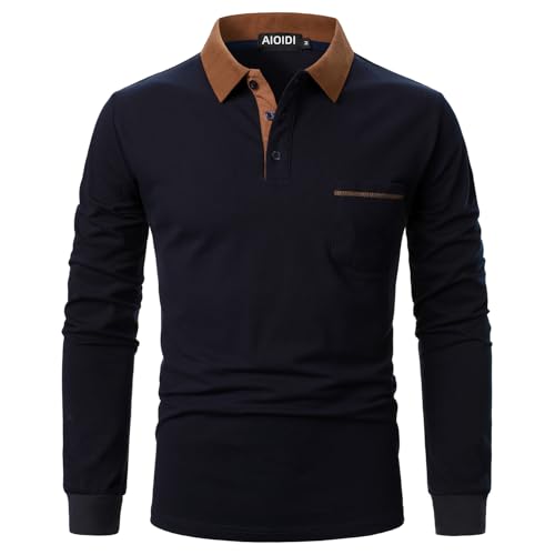AIOIDI Herren Baumwolle Kontrastierende Farben Poloshirt Langarm Basic Tennis Polohemd Polo Blau S von AIOIDI