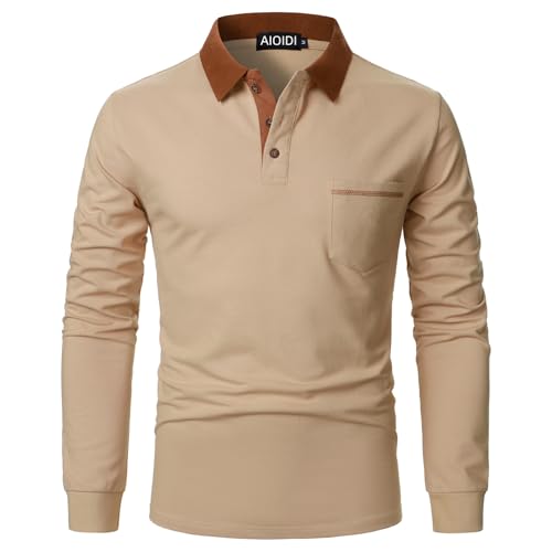 AIOIDI Herren Baumwolle Kontrastierende Farben Poloshirt Langarm Basic Tennis Polohemd Polo Khaki XL von AIOIDI