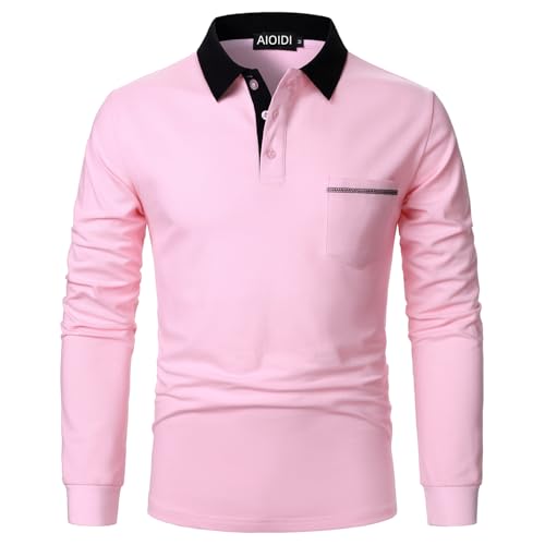 AIOIDI Herren Baumwolle Kontrastierende Farben Poloshirt Langarm Basic Tennis Polohemd Polo Rosa S von AIOIDI