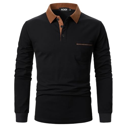 AIOIDI Herren Baumwolle Kontrastierende Farben Poloshirt Langarm Basic Tennis Polohemd Polo Schwarz L von AIOIDI