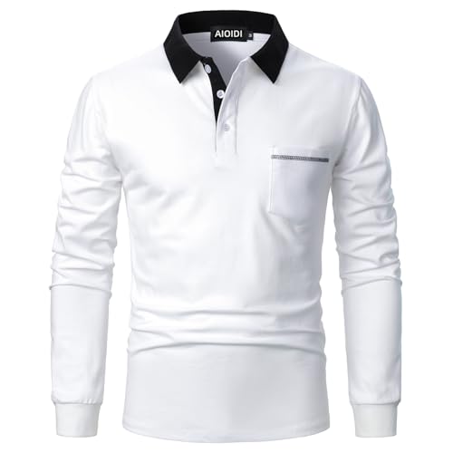 AIOIDI Herren Baumwolle Kontrastierende Farben Poloshirt Langarm Basic Tennis Polohemd Polo Weiß L von AIOIDI