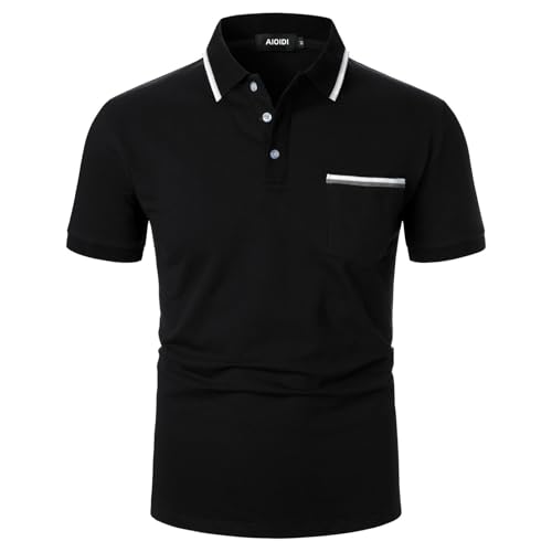 AIOIDI Herren Baumwolle Kurzarm Poloshirt Mode Casual T-Shirt Top mit echter Tasche Schwarz M von AIOIDI
