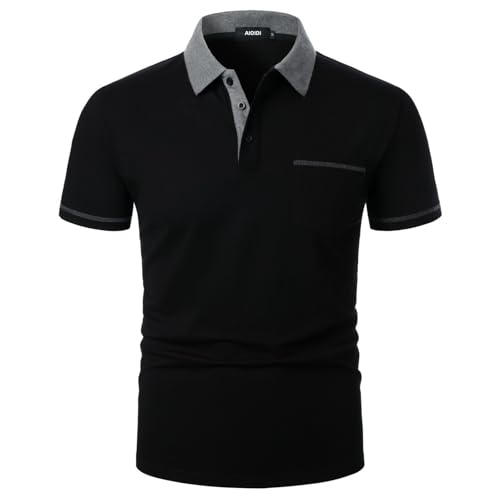AIOIDI Herren Baumwolle Kurzarm Poloshirt Mode Casual T-Shirt Top mit echter Tasche Schwarz S von AIOIDI