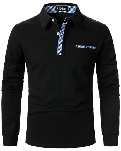 AIOIDI Herren Baumwolle Langarm Poloshirt Casual Golf Polohemd Polo Schwarz XL von AIOIDI