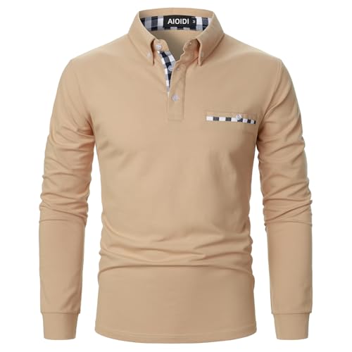 AIOIDI Herren Baumwolle Langarm Poloshirt Tennis Basic Golf Polo Shirt Khaki L von AIOIDI