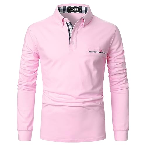 AIOIDI Herren Baumwolle Langarm Poloshirt Tennis Basic Golf Polo Shirt Pink XXL von AIOIDI