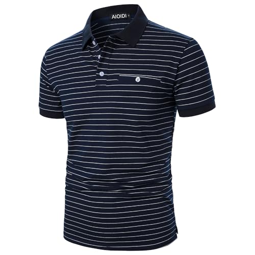 AIOIDI Herren Baumwolle Streifen Kurzarm Poloshirt Basic Golf Polo Blau L von AIOIDI