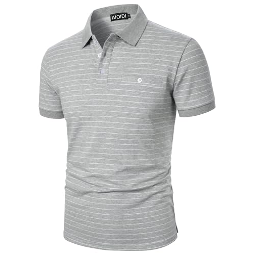 AIOIDI Herren Baumwolle Streifen Kurzarm Poloshirt Basic Golf Polo Grau L von AIOIDI