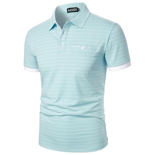 AIOIDI Herren Baumwolle Streifen Kurzarm Poloshirt Basic Golf Polo Himmelblau L von AIOIDI