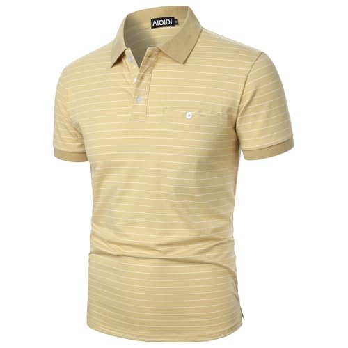 AIOIDI Herren Baumwolle Streifen Kurzarm Poloshirt Basic Golf Polo Khaki L von AIOIDI