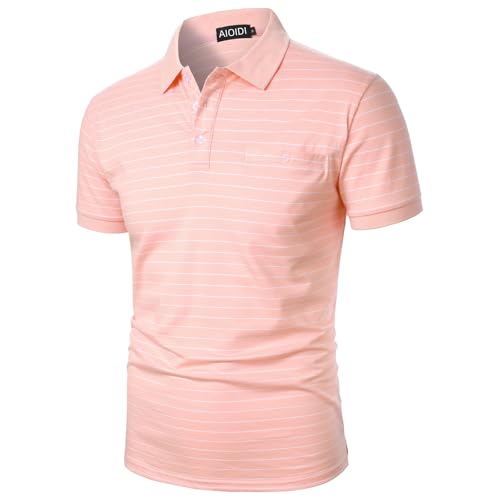 AIOIDI Herren Baumwolle Streifen Kurzarm Poloshirt Basic Golf Polo Rosa XXL von AIOIDI