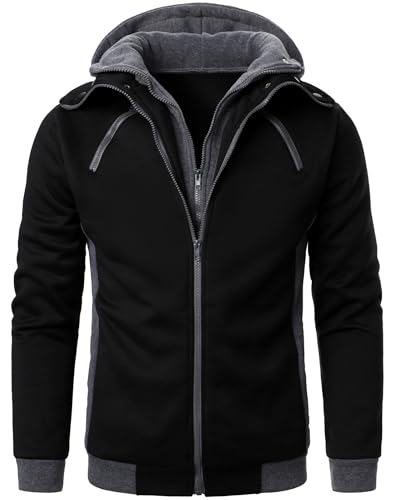 AIOIDI Herren Falscher Zweiteiler Langes Ärmel Kapuzenjacke Sweatshirt Sweat mit Kapuze Schwarz M von AIOIDI