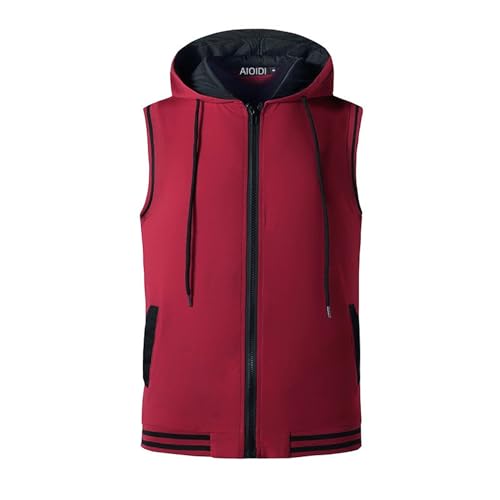 AIOIDI Herren Kontrastierende Farben Tank Top Ärmelloser Hoodie Workout Sport Fitness Top Rot XL von AIOIDI