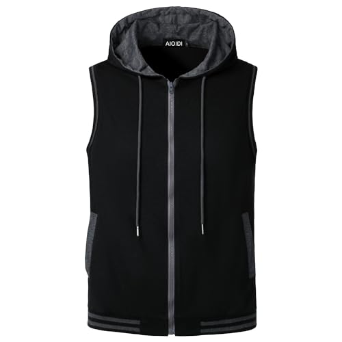 AIOIDI Herren Kontrastierende Farben Tank Top Ärmelloser Hoodie Workout Sport Fitness Top Schwarz XXL von AIOIDI