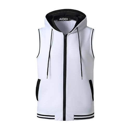 AIOIDI Herren Kontrastierende Farben Tank Top Ärmelloser Hoodie Workout Sport Fitness Top Weiß XXL von AIOIDI